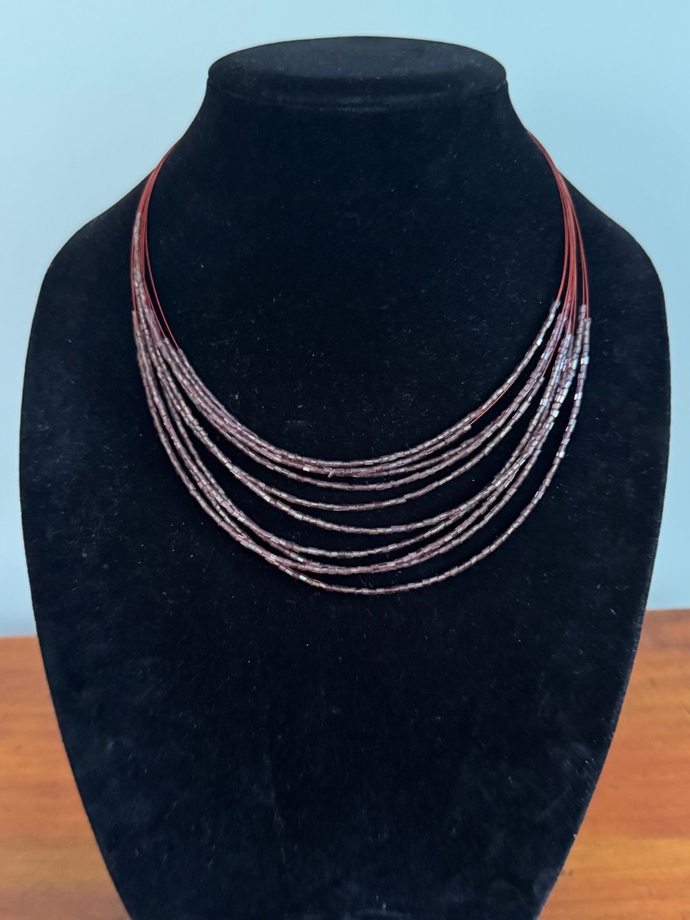 Vintage Yves Rocher YR Multi Strand Burgundy Bugle Bead Necklace